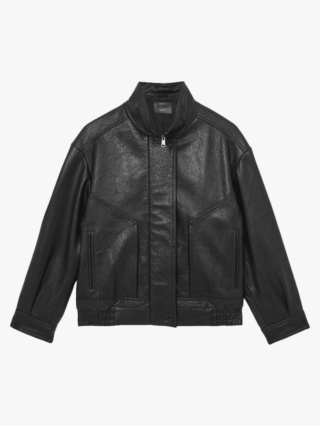 Image may contain: Clothing, Coat, Jacket, and Leather Jacket